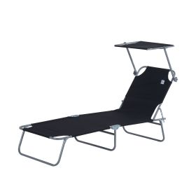 Outdoor Pool Chaise Lounge Chair, Folding Tanning Chair with Sun Shade, Black (Option: Black-720x110x600 mm)