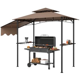 8' x 5' Outdoor Grill Gazebo, Barbecue Gazebo Shelter with Side Awning, 2 Side Shelves and 6 Hooks, Brown (Option: Brown-1300x300x250 mm)