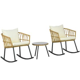 Wicker Outdoor Rocking Chair Set, 3 Piece Patio Bistro Set with 2 Porch Rocker Chairs, Glass Top Coffee Table and Cushions, Patio Conversation S (Option: Cream White-800x730x450 mm)
