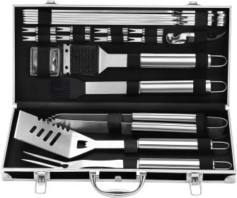 Grilljoy BBQ Accessories Grill Tools Set - 22PCS Stainless Steel Barbecue Grill Accessories For Outdoor Grill With Black Aluminum Case - Grilling (Option: Silver-Grilljoy-Stainless Steel)
